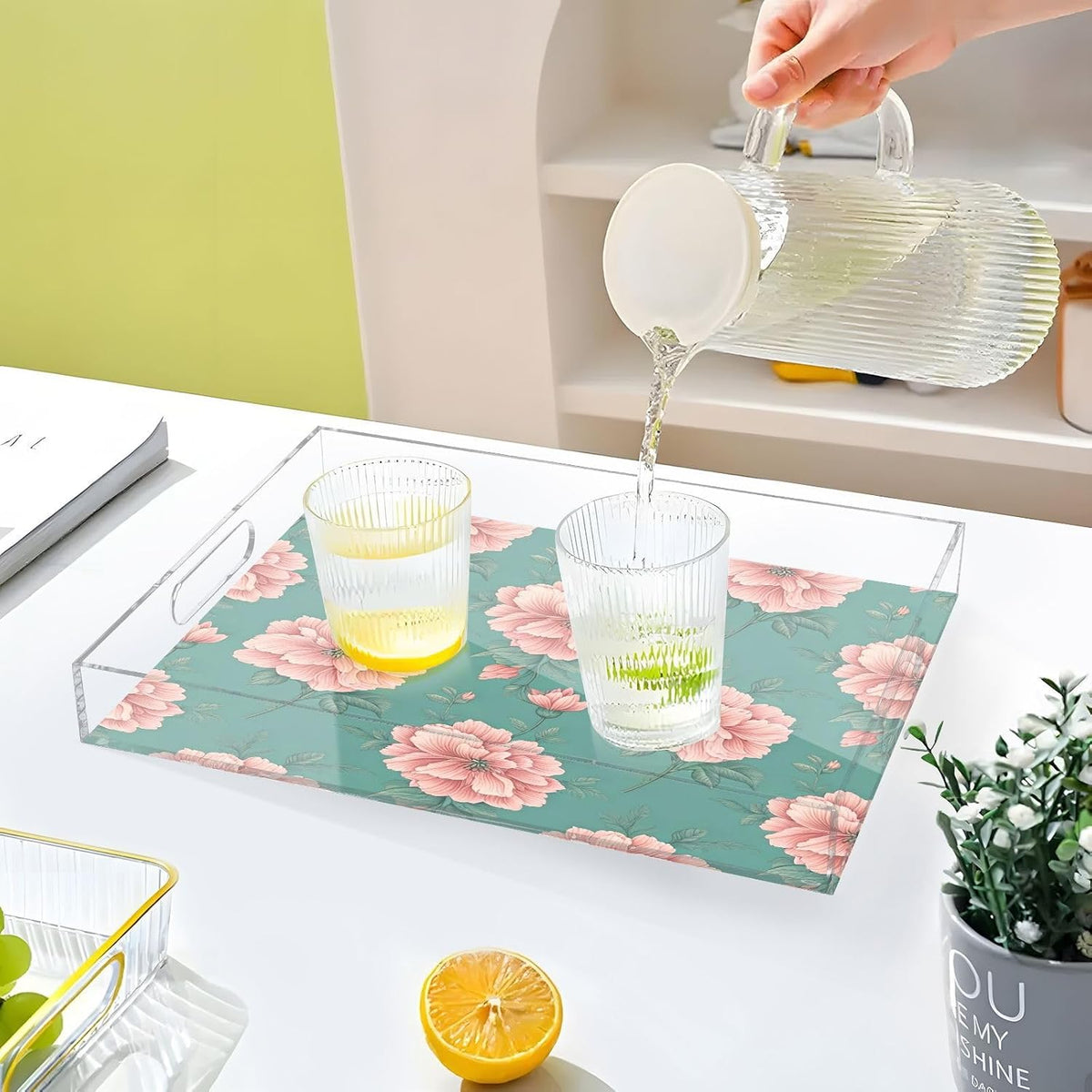 Pink Floral Pattern Serving Tray with Handles, 12x16 Inch Decorative Acrylic Tray Organizer, Multi-Purpose Sturdy Serving Platter for Coffee Table, Kitchen, Vanity, Nightstand