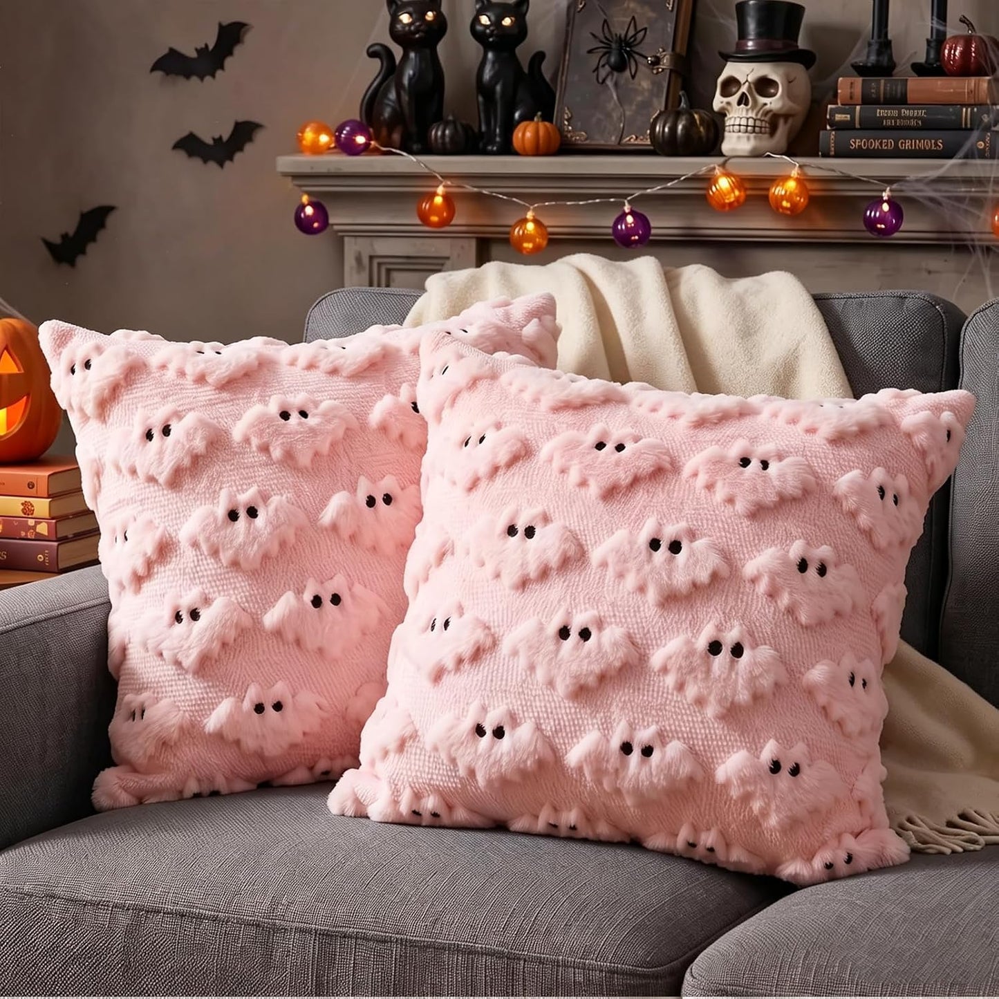 Halloween Pillow Covers 18x18 inch 2Pcs Pink Bat Halloween Decor