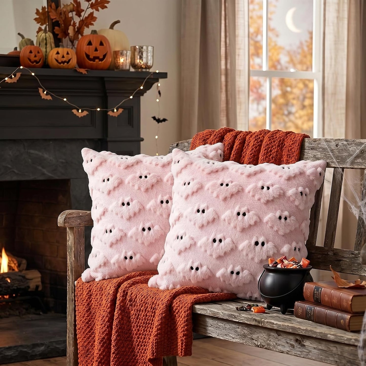 Halloween Pillow Covers 18x18 inch 2Pcs Pink Bat Halloween Decor
