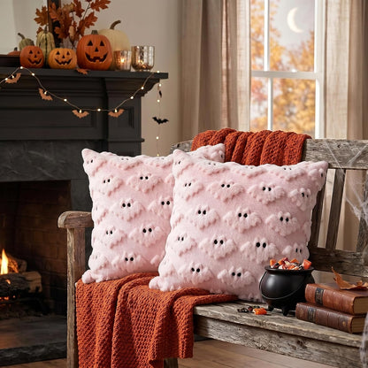 Halloween Pillow Covers 18x18 inch 2Pcs Pink Bat Halloween Decor