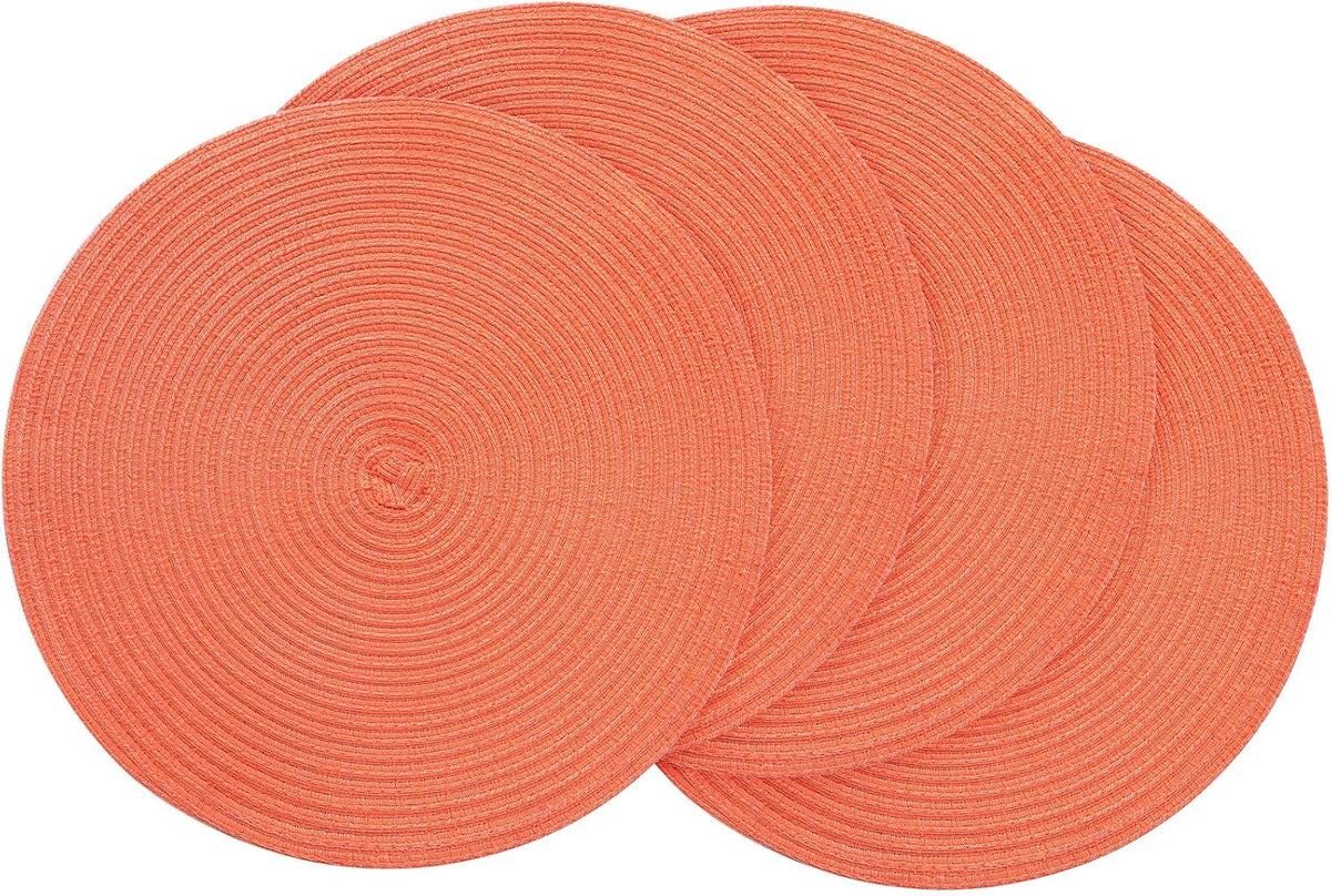15 Inch Round Braided Placemats Set of 4, Washable Heat Resistant Cotton Polyester Circle Place Mats for Kitchen Dining Table - Coral Orange