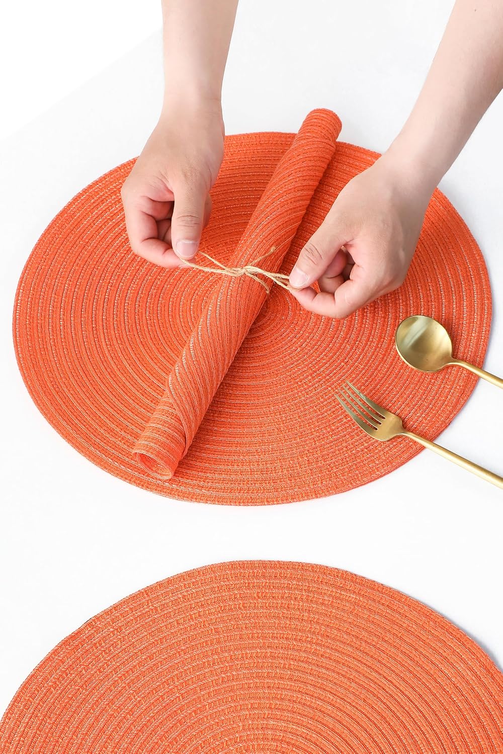 15 Inch Round Braided Placemats Set of 4, Washable Heat Resistant Cotton Polyester Circle Place Mats for Kitchen Dining Table - Coral Orange