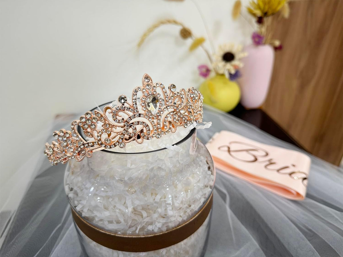 3 Pcs Bachelorette Party Decorations Bridal Shower Crown, Bride to Be Sash&Veil for Women Bachelorette Party Gifts, Bachelorette Party Supplies, Gifts, Favors (Rose Gold)