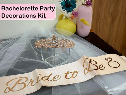 3 Pcs Bachelorette Party Decorations Bridal Shower Crown, Bride to Be Sash&Veil for Women Bachelorette Party Gifts, Bachelorette Party Supplies, Gifts, Favors (Rose Gold)