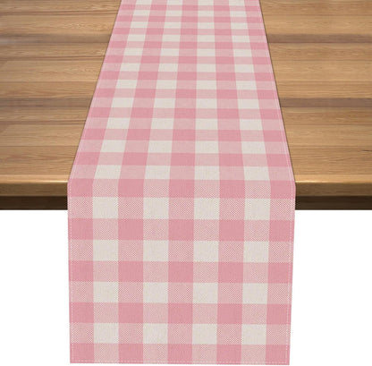 Linen Easter Pink and White Buffalo Check Plaid Table Runner Gingham Pink Farm Birthday Party Decorations Home Kichen Dining Room Decor 72 Inches Long