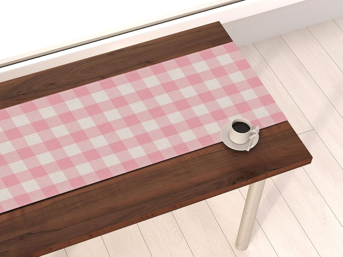 Linen Easter Pink and White Buffalo Check Plaid Table Runner Gingham Pink Farm Birthday Party Decorations Home Kichen Dining Room Decor 72 Inches Long