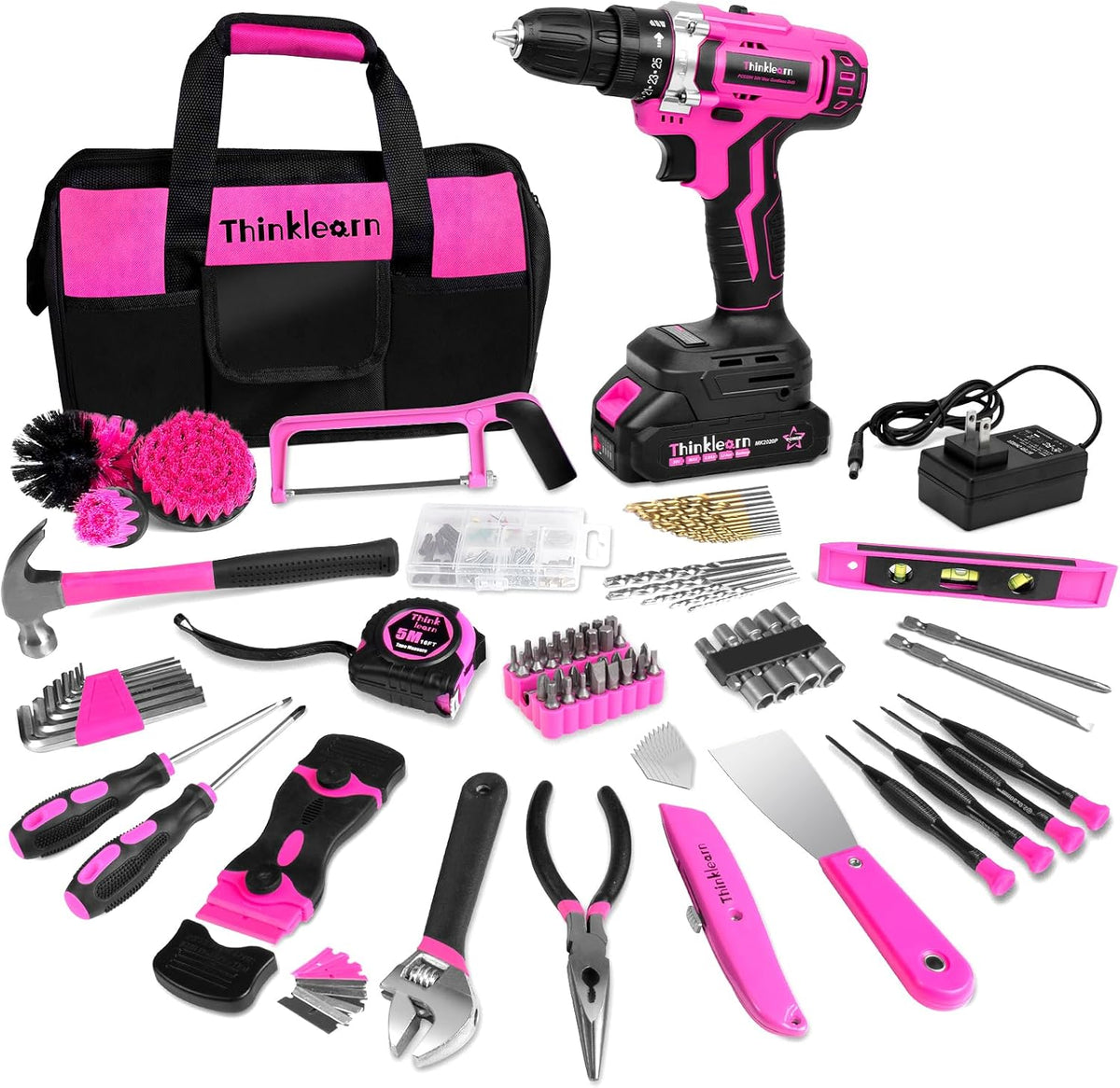 Tool Kit with 20V Cordless Drill(265in-lbs), Pink Drill Set for Women, Lady's Home Tool Kit for DIY, Daily Repair Tool Set as a Creative Gift with a Large-Capacity Tool Storage Bag