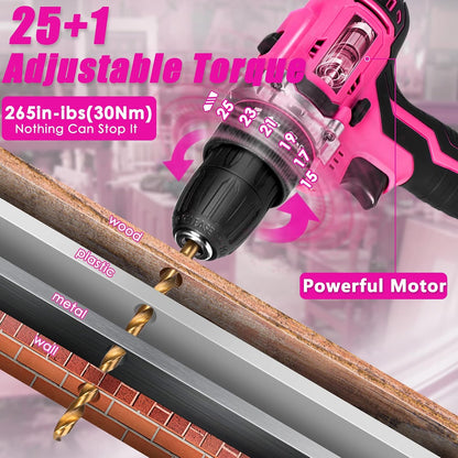 Tool Kit with 20V Cordless Drill(265in-lbs), Pink Drill Set for Women, Lady's Home Tool Kit for DIY, Daily Repair Tool Set as a Creative Gift with a Large-Capacity Tool Storage Bag
