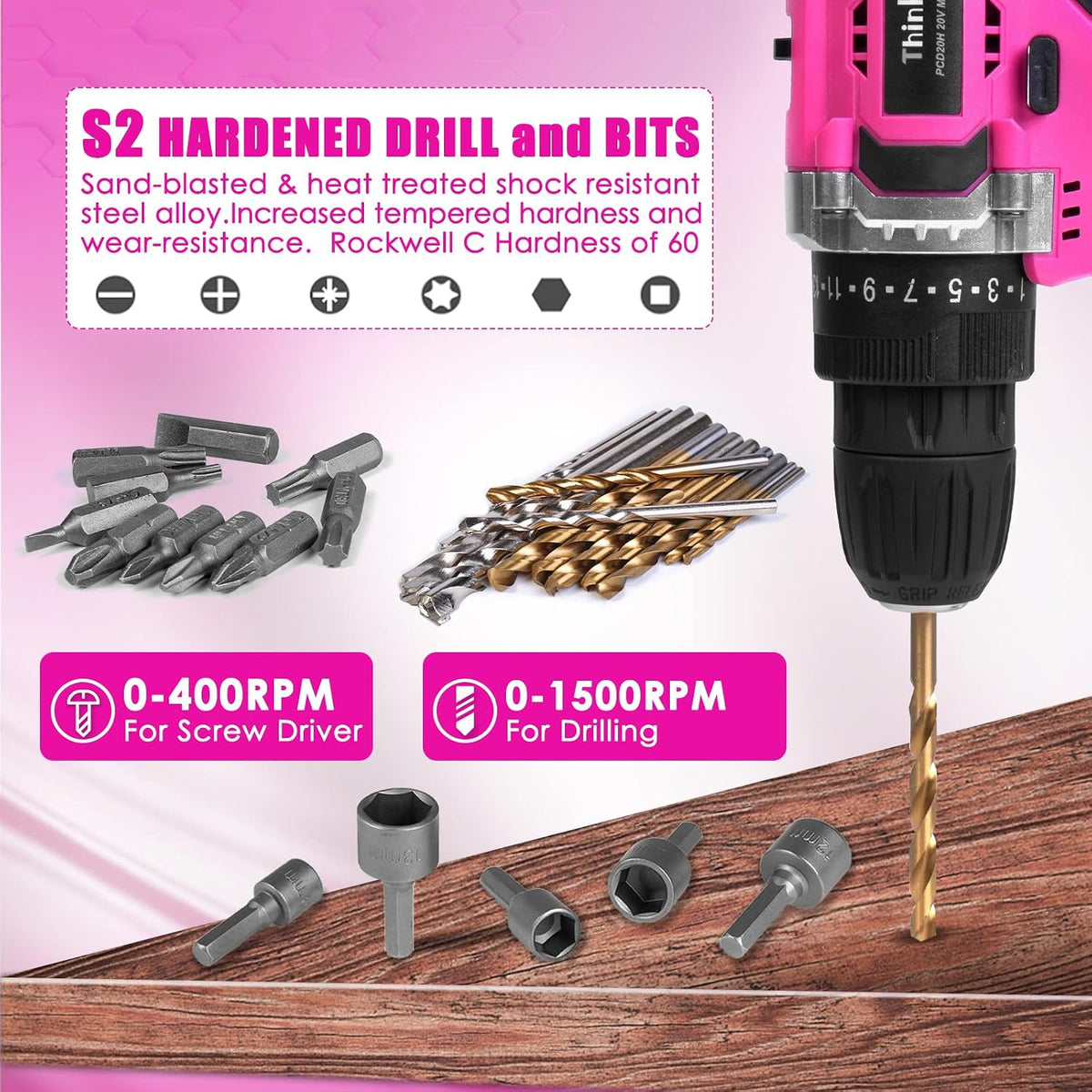 Tool Kit with 20V Cordless Drill(265in-lbs), Pink Drill Set for Women, Lady's Home Tool Kit for DIY, Daily Repair Tool Set as a Creative Gift with a Large-Capacity Tool Storage Bag