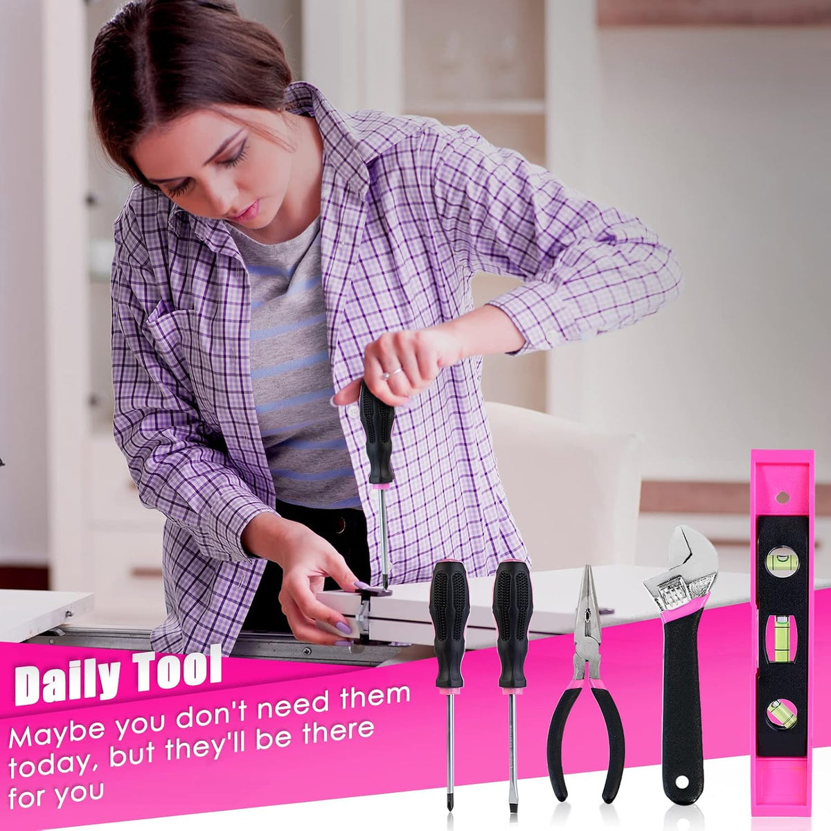 Tool Kit with 20V Cordless Drill(265in-lbs), Pink Drill Set for Women, Lady's Home Tool Kit for DIY, Daily Repair Tool Set as a Creative Gift with a Large-Capacity Tool Storage Bag