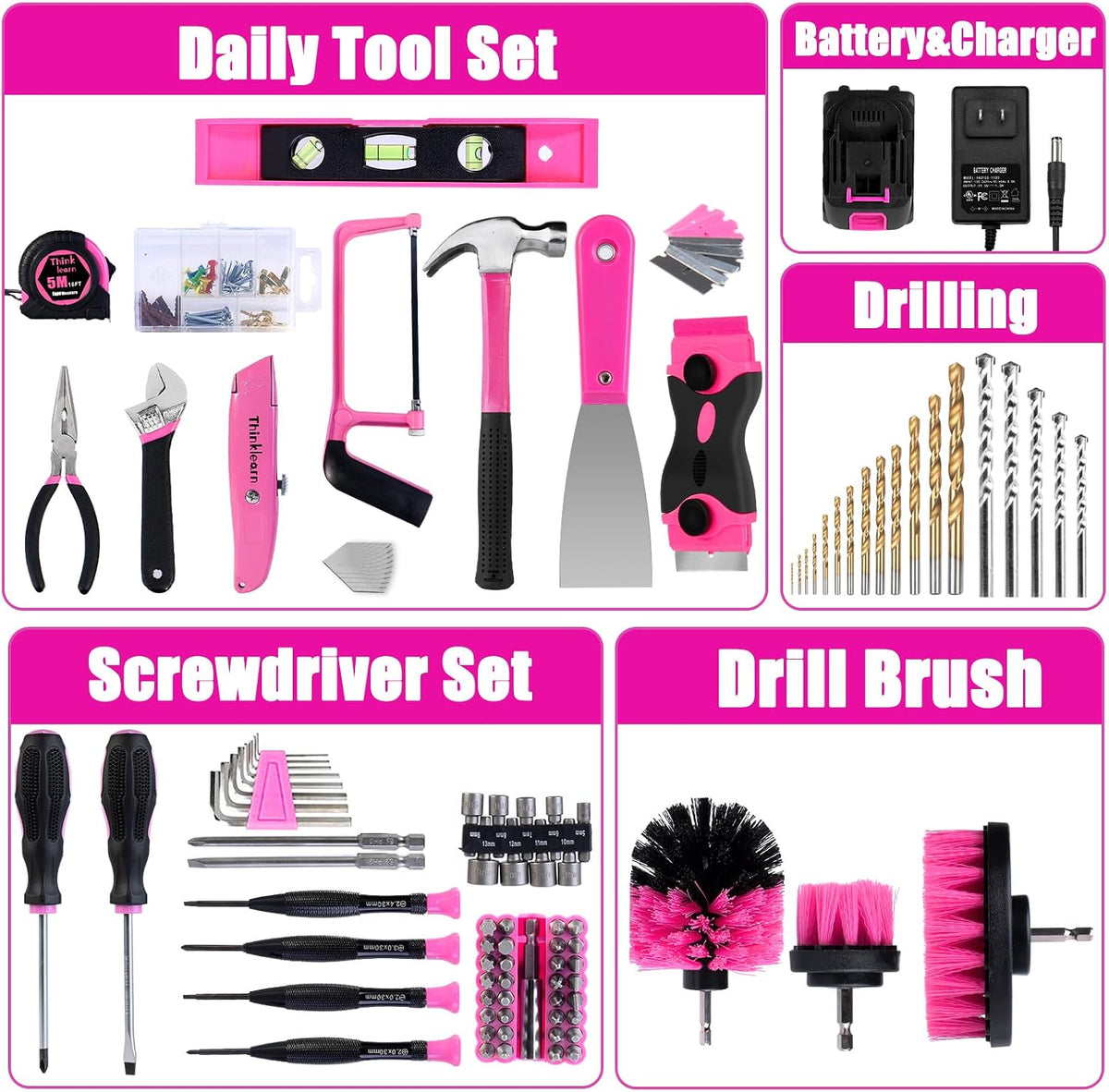Tool Kit with 20V Cordless Drill(265in-lbs), Pink Drill Set for Women, Lady's Home Tool Kit for DIY, Daily Repair Tool Set as a Creative Gift with a Large-Capacity Tool Storage Bag