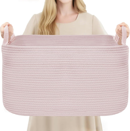 Large Blanket Basket, Rectangle Cotton Rope Storage Basket, Pink