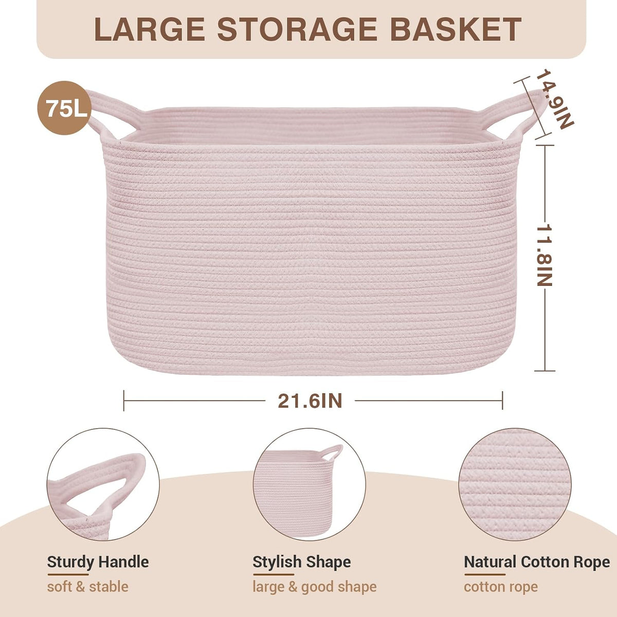 Large Blanket Basket, Rectangle Cotton Rope Storage Basket, Pink
