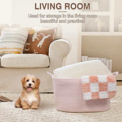 Large Blanket Basket, Rectangle Cotton Rope Storage Basket, Pink