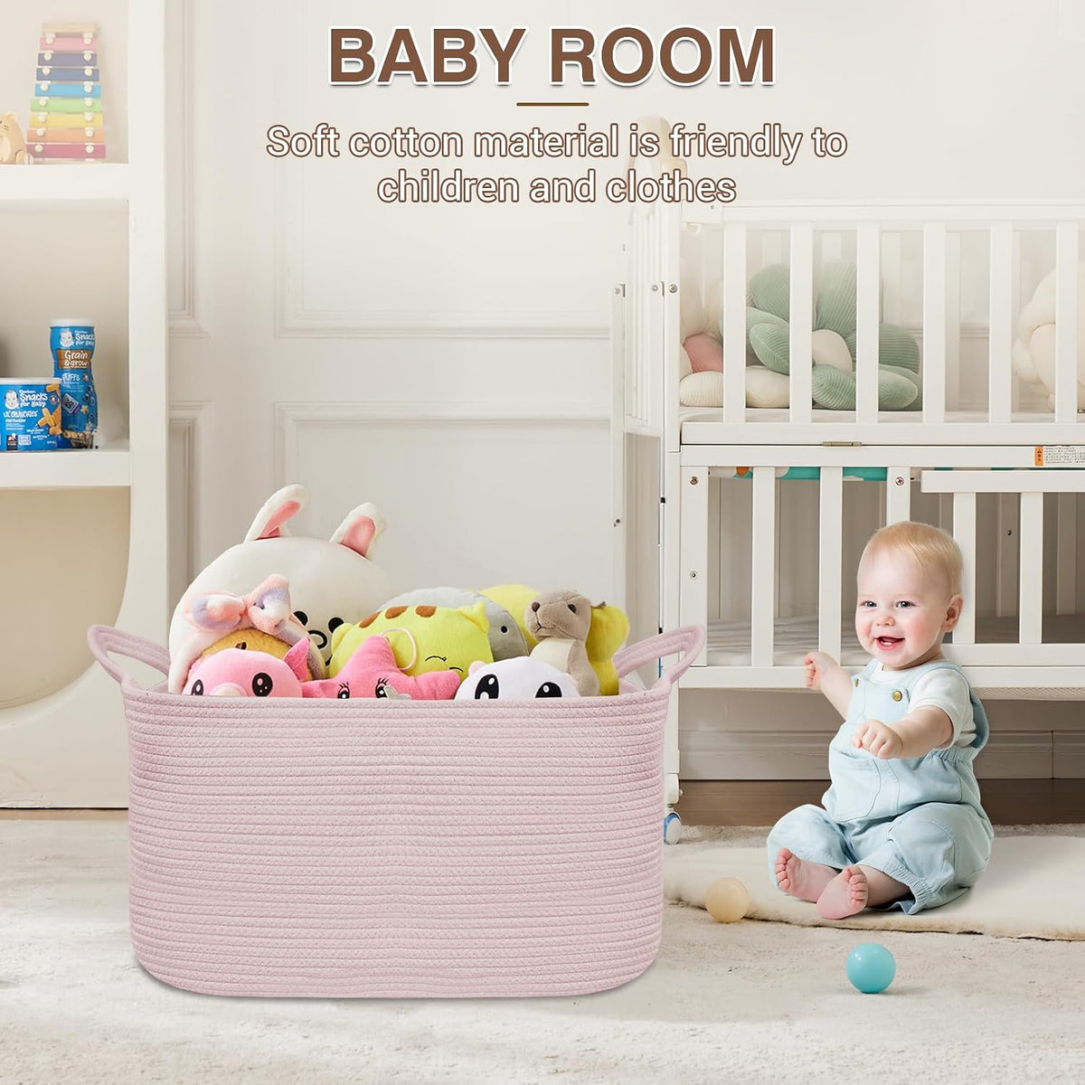 Large Blanket Basket, Rectangle Cotton Rope Storage Basket, Pink