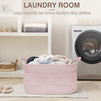 Large Blanket Basket, Rectangle Cotton Rope Storage Basket, Pink