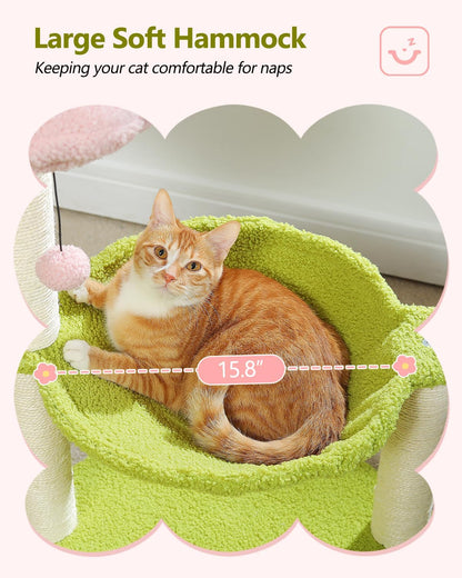 Flower Cat Tree, 28" Cat Tower with Cozy Flower Perch, Large Hammock for Indoor Small Cats, Cute Cat Tree with Sisal Scratching Post and Fur Toy Ball for Kittens, Pink