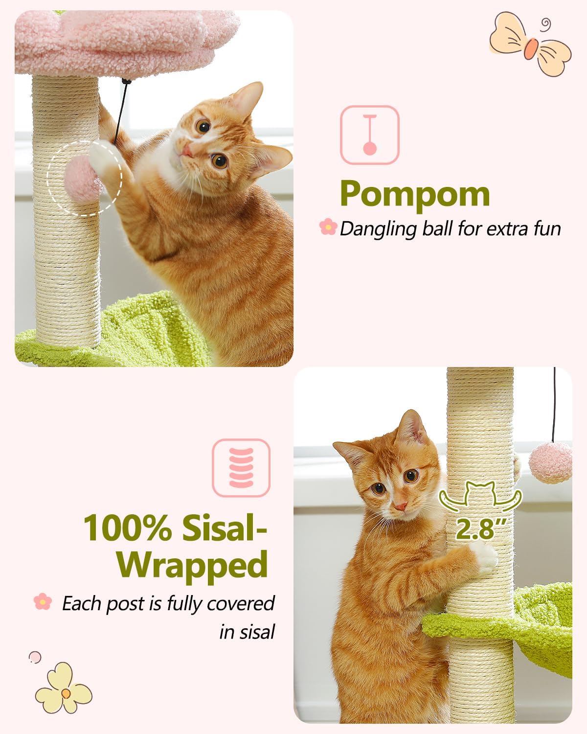 Flower Cat Tree, 28" Cat Tower with Cozy Flower Perch, Large Hammock for Indoor Small Cats, Cute Cat Tree with Sisal Scratching Post and Fur Toy Ball for Kittens, Pink