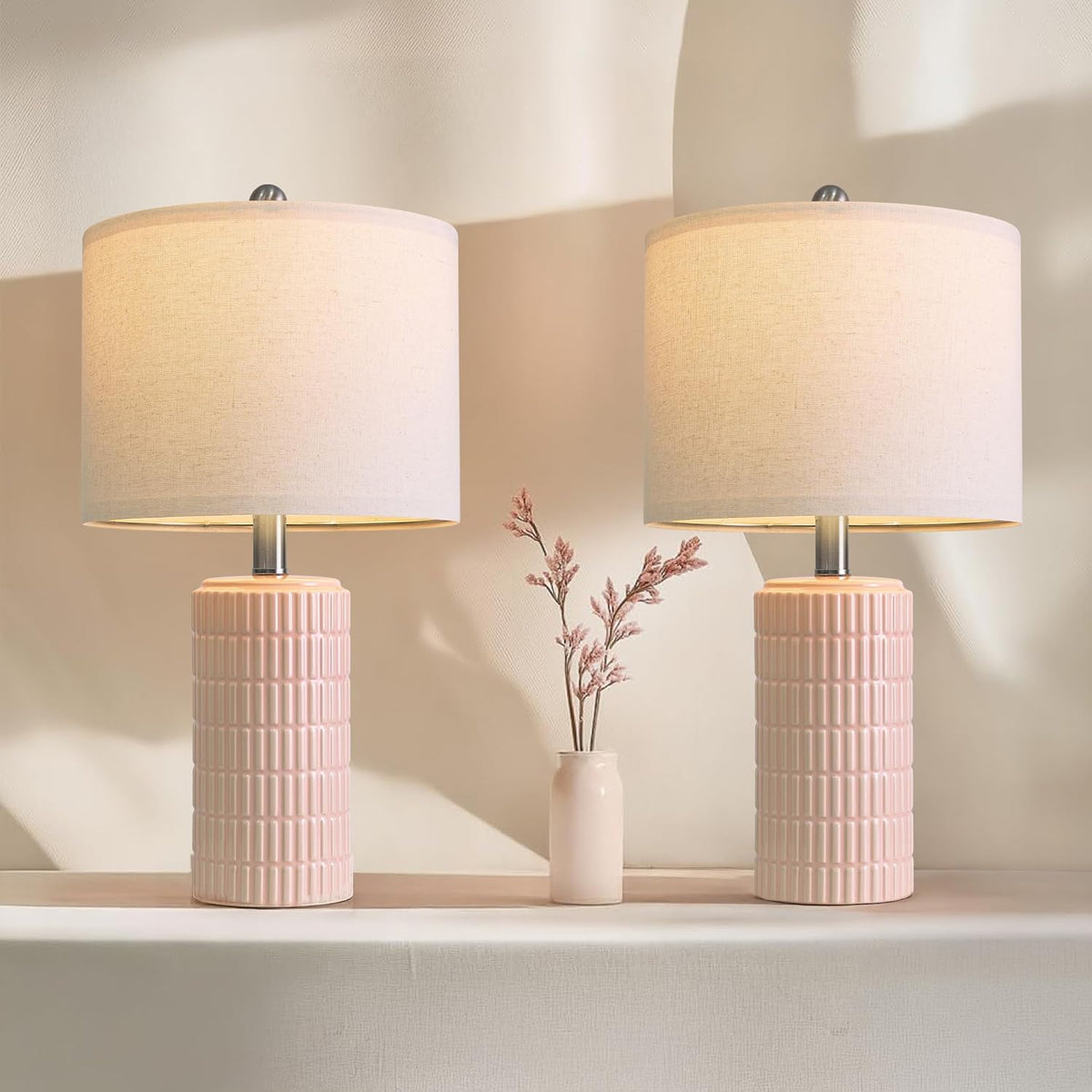 20.75" Pink Ceramic Table Lamps Set of 2, Small Modern Bedroom Lamps for Girls Room, Bedside Lamps for Night Stands, Cute Lamps for Living Room Decor, Nightstands Desk Lamp, Light Pink