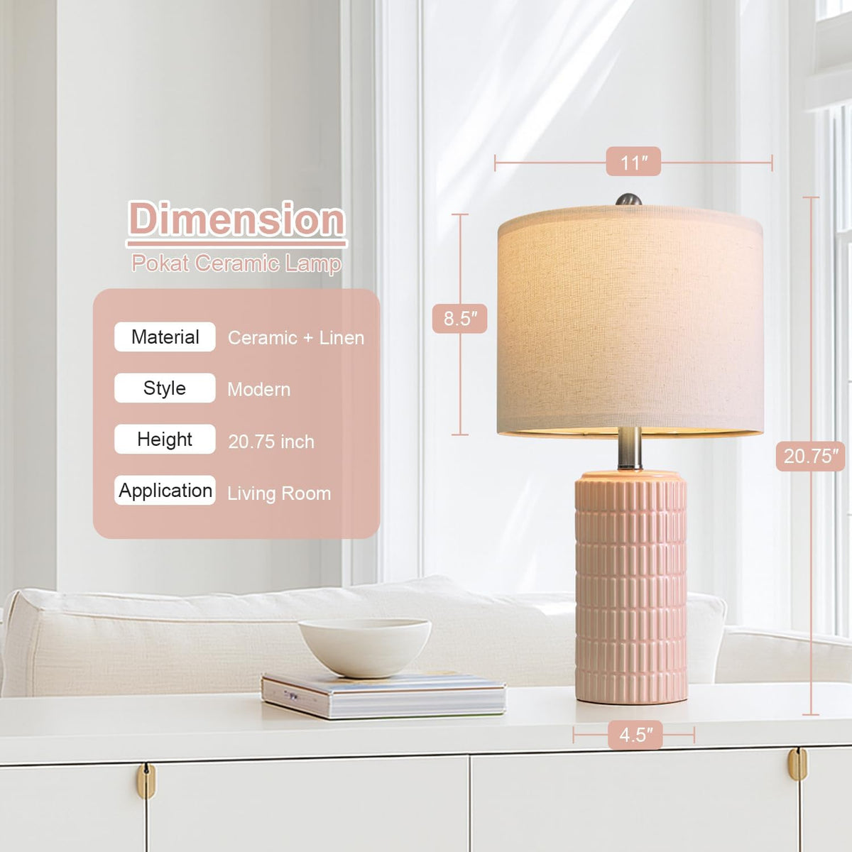 20.75" Pink Ceramic Table Lamps Set of 2, Small Modern Bedroom Lamps for Girls Room, Bedside Lamps for Night Stands, Cute Lamps for Living Room Decor, Nightstands Desk Lamp, Light Pink