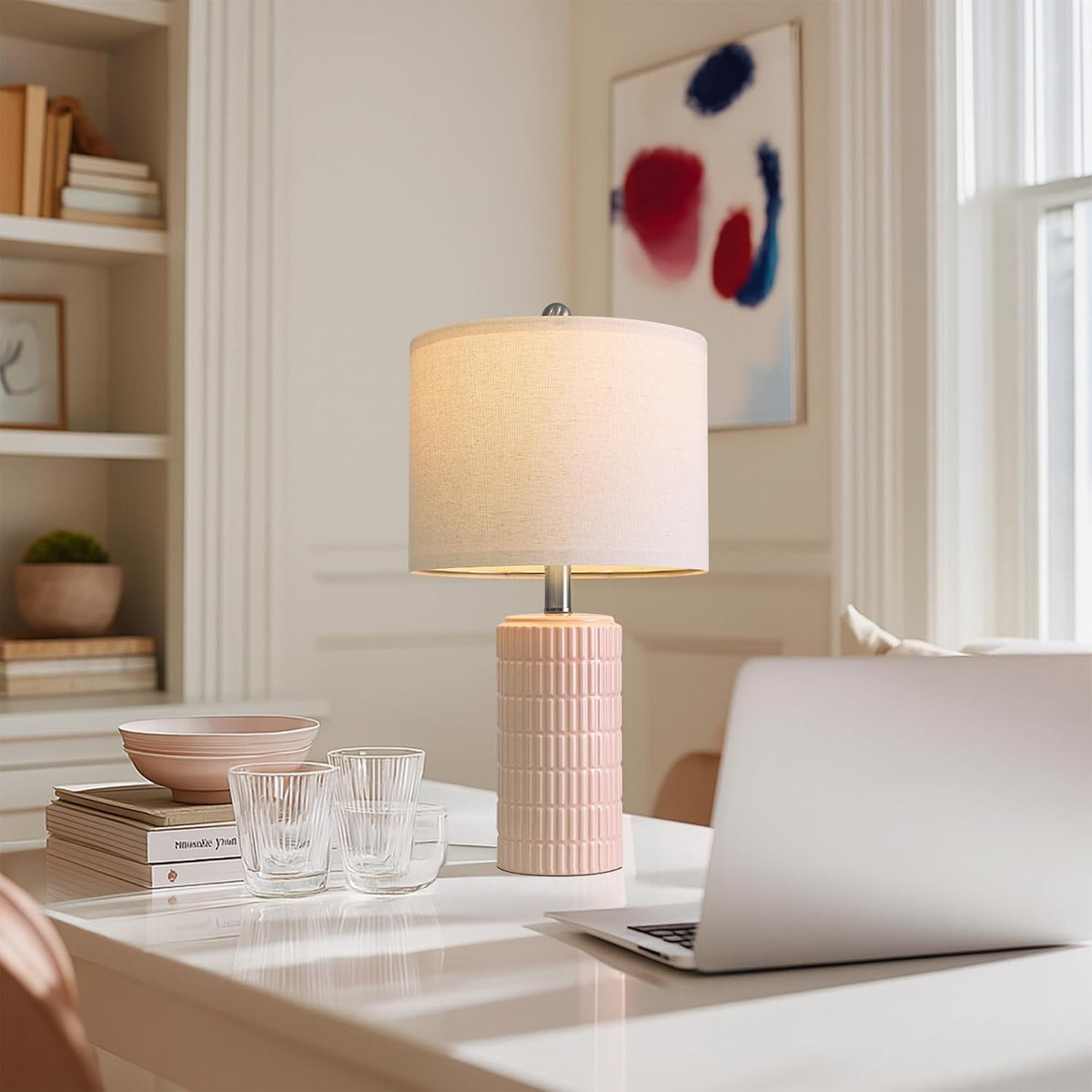 20.75" Pink Ceramic Table Lamps Set of 2, Small Modern Bedroom Lamps for Girls Room, Bedside Lamps for Night Stands, Cute Lamps for Living Room Decor, Nightstands Desk Lamp, Light Pink