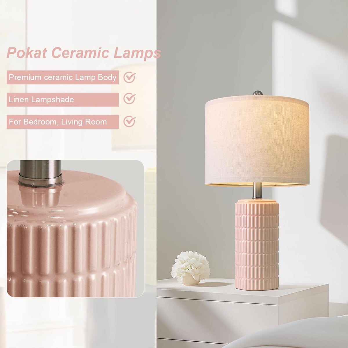 20.75" Pink Ceramic Table Lamps Set of 2, Small Modern Bedroom Lamps for Girls Room, Bedside Lamps for Night Stands, Cute Lamps for Living Room Decor, Nightstands Desk Lamp, Light Pink