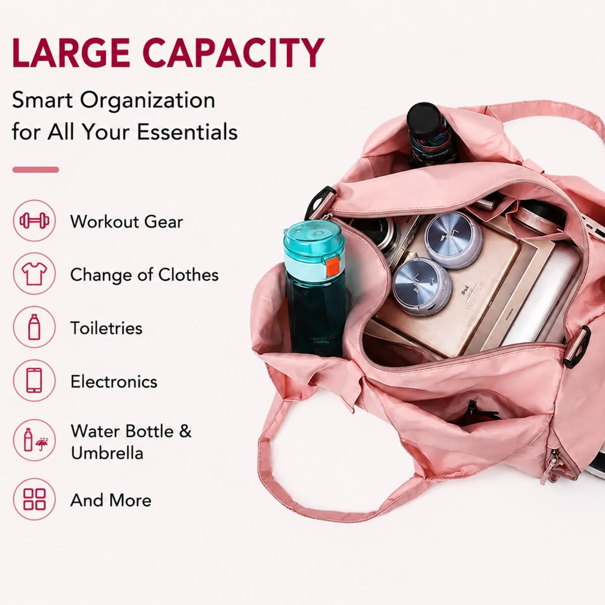Women’s Yoga Gym Bag with Yoga Mat Holder, Large Capacity Waterproof Sports Duffel Bag with Shoe Compartment, Lightweight Travel Tote Bag for Fitness, Pilates, Dance & Weekend Trips, Pink