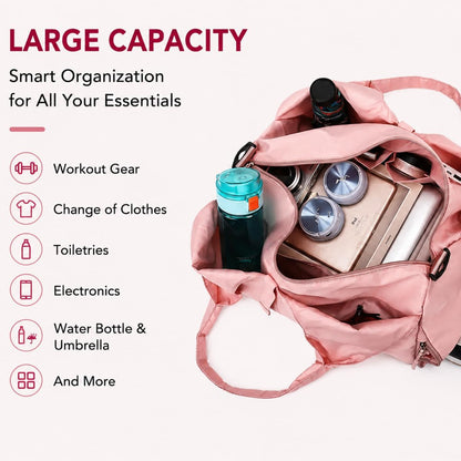 Women’s Yoga Gym Bag with Yoga Mat Holder, Large Capacity Waterproof Sports Duffel Bag with Shoe Compartment, Lightweight Travel Tote Bag for Fitness, Pilates, Dance & Weekend Trips, Pink