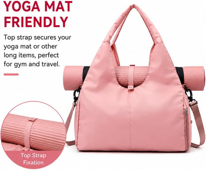 Women’s Yoga Gym Bag with Yoga Mat Holder, Large Capacity Waterproof Sports Duffel Bag with Shoe Compartment, Lightweight Travel Tote Bag for Fitness, Pilates, Dance & Weekend Trips, Pink