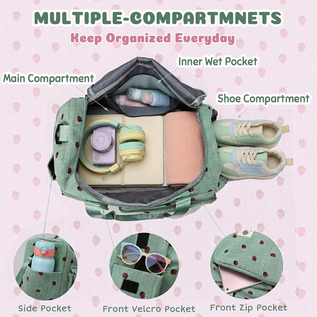 Small Duffel Bag with Shoe & Wet Pocket for Travel & Dance, Pink