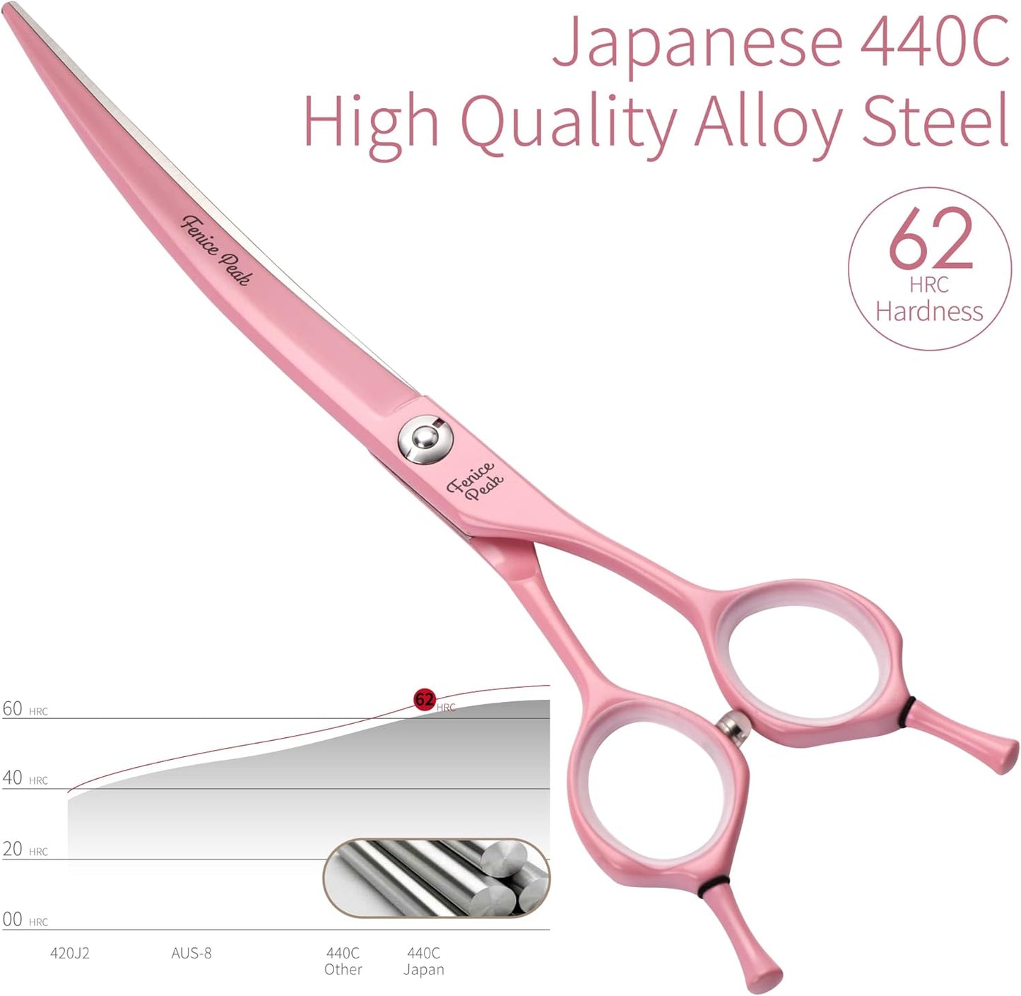Curved Dog Grooming Scissors with Pink Color Coating 440C Stainless Steel Pet Grooming Bending Shears Sharp and Durable Comfortable Engonomic Handle