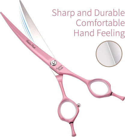 Curved Dog Grooming Scissors with Pink Color Coating 440C Stainless Steel Pet Grooming Bending Shears Sharp and Durable Comfortable Engonomic Handle
