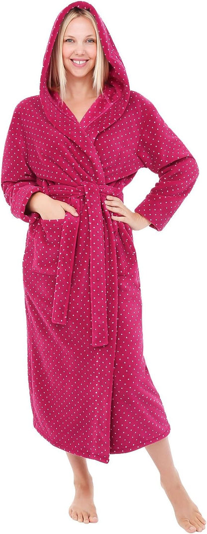 Women's Long Sleeve Plush Fleece Hooded Robe, Full Length Bathrobe