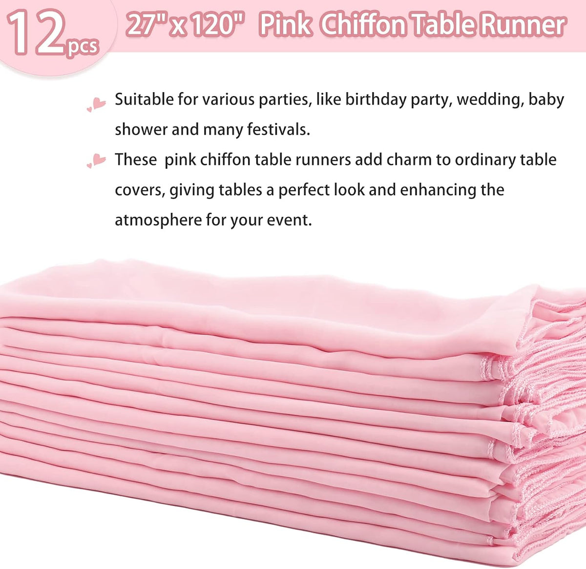 12 Packs Chiffon Table Runner - 27 x 120 Inches Sheer, Romantic for Wedding, Birthday, Party & Baby Shower Decoration (27" x 120", Pink)