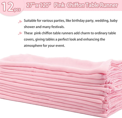 12 Packs Chiffon Table Runner - 27 x 120 Inches Sheer, Romantic for Wedding, Birthday, Party & Baby Shower Decoration (27" x 120", Pink)