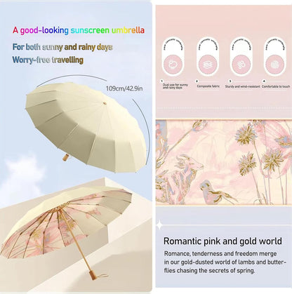Compact Umbrellas For Rain and Sun UPF 50+ UV Protection Travel Size Windproof waterproofing and Strong Travel Essentials for Men Women 16 Ribs Wooden Handle Pink Backpacks Car Birthday Gifts For Women Lightweight 0.85LB