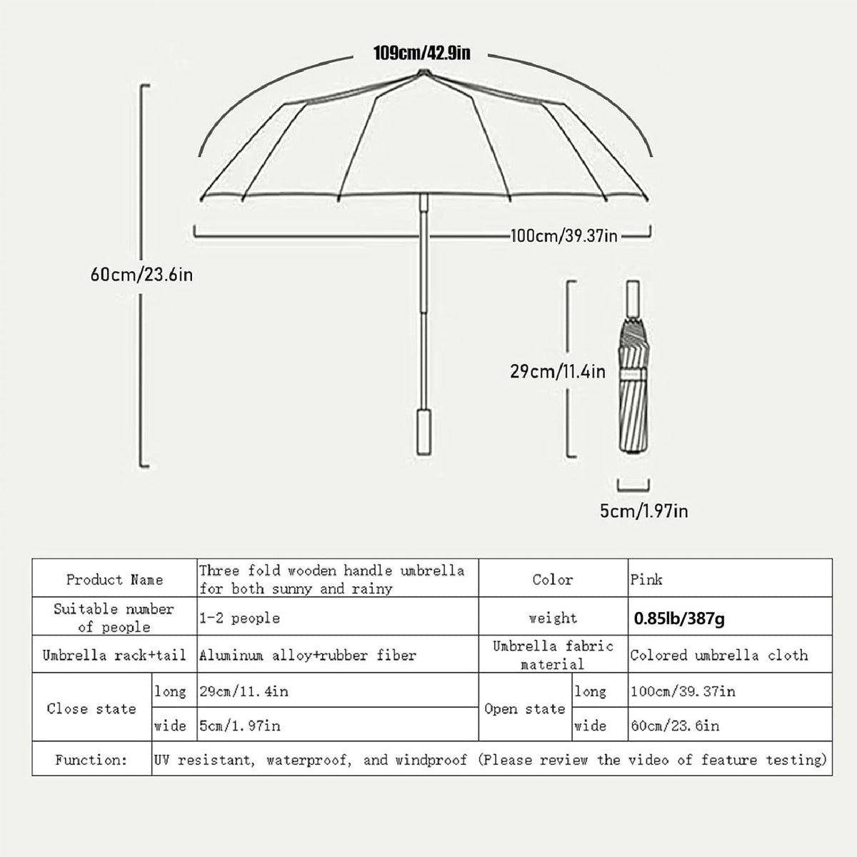 Compact Umbrellas For Rain and Sun UPF 50+ UV Protection Travel Size Windproof waterproofing and Strong Travel Essentials for Men Women 16 Ribs Wooden Handle Pink Backpacks Car Birthday Gifts For Women Lightweight 0.85LB