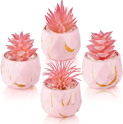 4 Pack Small Fake Succulents in Pink Pots for Office Desk Decor