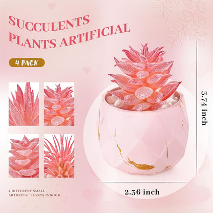 4 Pack Small Fake Succulents in Pink Pots for Office Desk Decor