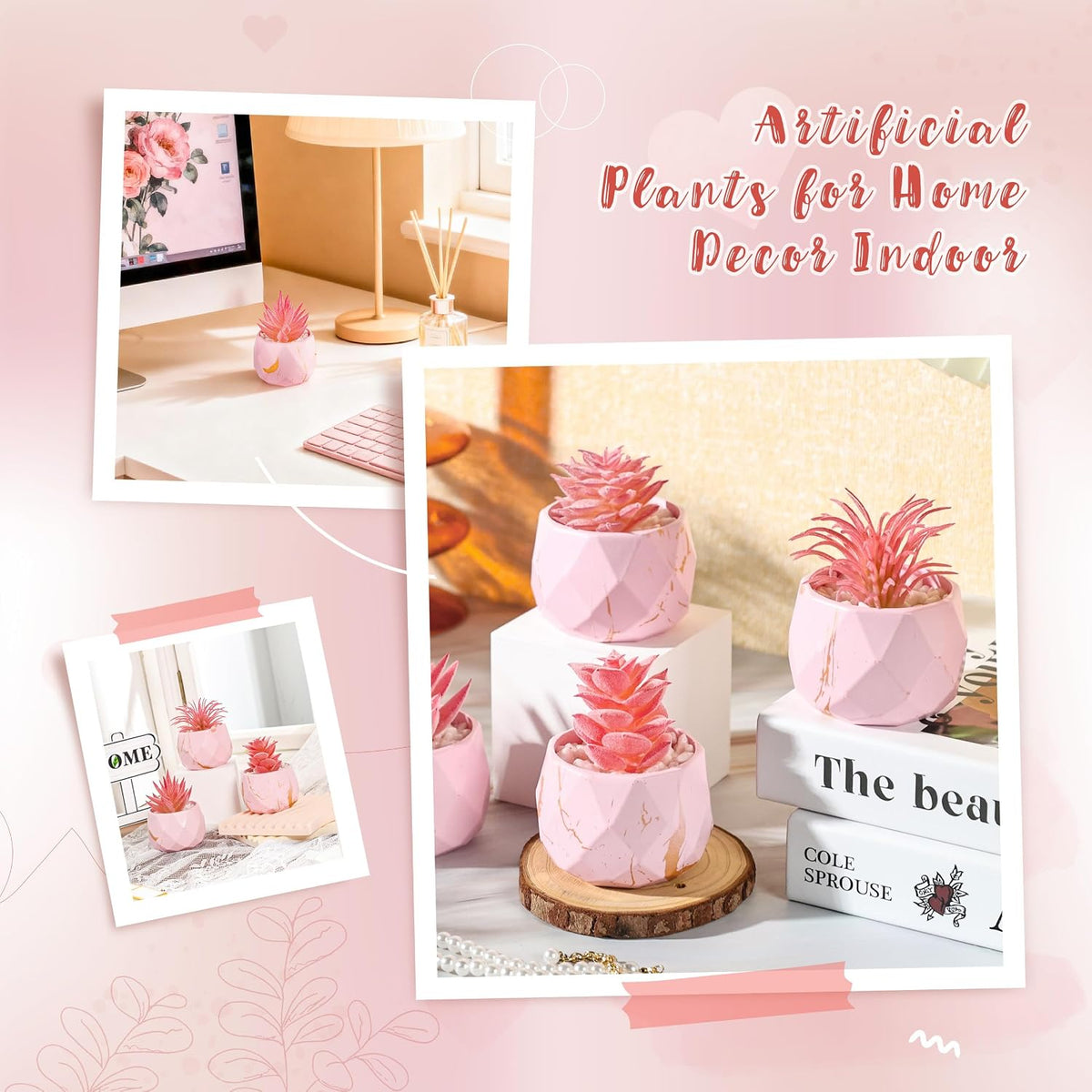 4 Pack Small Fake Succulents in Pink Pots for Office Desk Decor