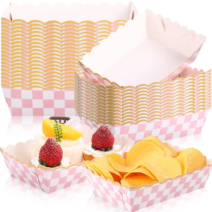 50 Pack Pink Gingham Paper Plates Food Trays Light Pink and White Checkered Bowls Disposable Popcorn Box Snacks Nachos Hot Dog Boats for Birthday Bridal Baby Shower Party Supplies Decoration