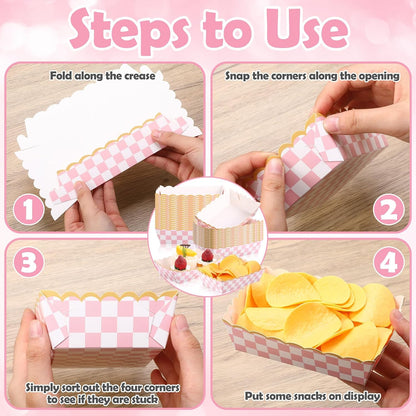 50 Pack Pink Gingham Paper Plates Food Trays Light Pink and White Checkered Bowls Disposable Popcorn Box Snacks Nachos Hot Dog Boats for Birthday Bridal Baby Shower Party Supplies Decoration