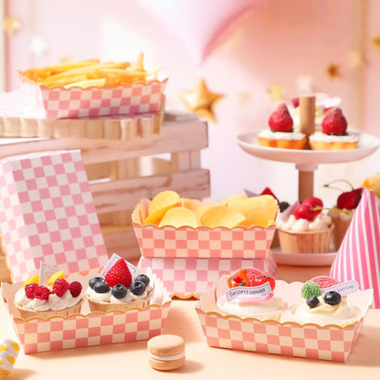 50 Pack Pink Gingham Paper Plates Food Trays Light Pink and White Checkered Bowls Disposable Popcorn Box Snacks Nachos Hot Dog Boats for Birthday Bridal Baby Shower Party Supplies Decoration