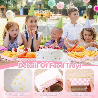 50 Pack Pink Gingham Paper Plates Food Trays Light Pink and White Checkered Bowls Disposable Popcorn Box Snacks Nachos Hot Dog Boats for Birthday Bridal Baby Shower Party Supplies Decoration