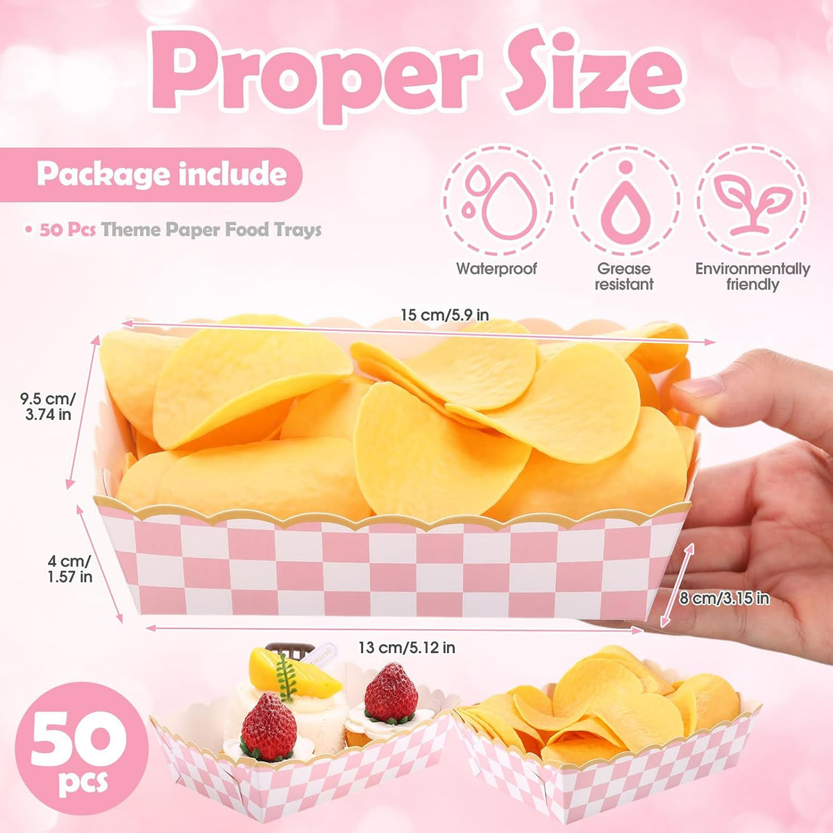 50 Pack Pink Gingham Paper Plates Food Trays Light Pink and White Checkered Bowls Disposable Popcorn Box Snacks Nachos Hot Dog Boats for Birthday Bridal Baby Shower Party Supplies Decoration