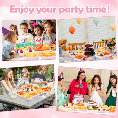 50 Pack Pink Gingham Paper Plates Food Trays Light Pink and White Checkered Bowls Disposable Popcorn Box Snacks Nachos Hot Dog Boats for Birthday Bridal Baby Shower Party Supplies Decoration