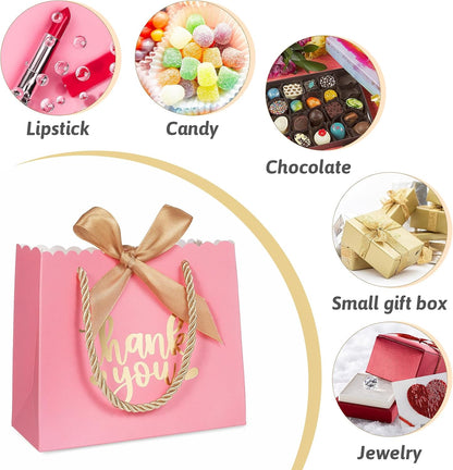 50 Pack Small Thank You Gift Bags with Handles, Pink Mini Party Favor Bags 5.5''x 2.5''x4.7'', Mini Gift Bags Bulk with Bow Ribbon for Valentine's Day, Bridal, Wedding, Baby Shower