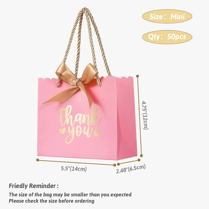 50 Pack Small Thank You Gift Bags with Handles, Pink Mini Party Favor Bags 5.5''x 2.5''x4.7'', Mini Gift Bags Bulk with Bow Ribbon for Valentine's Day, Bridal, Wedding, Baby Shower