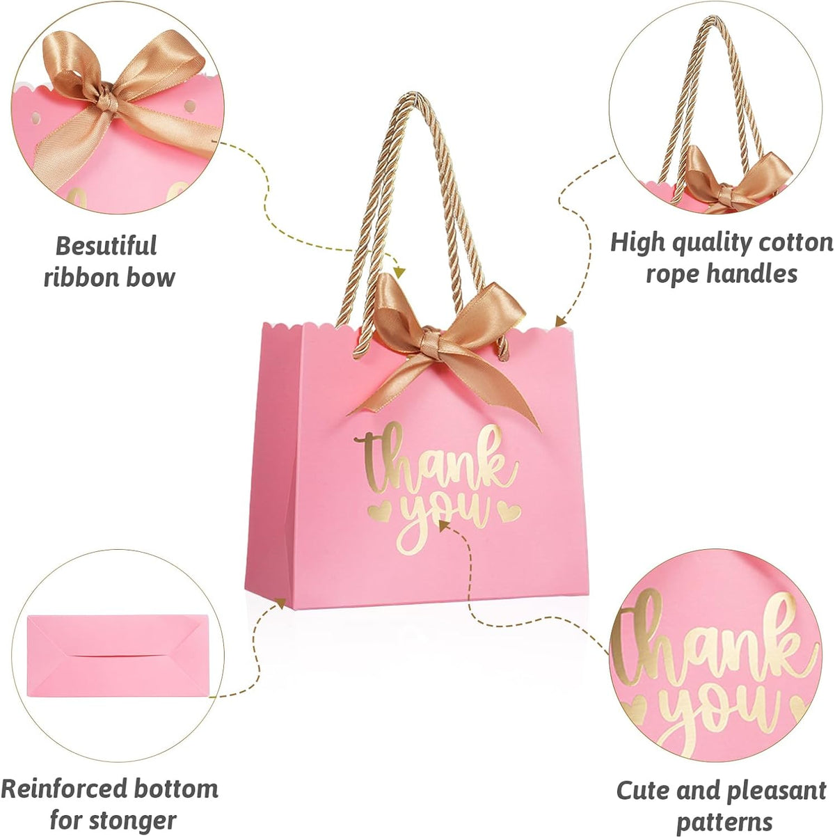 50 Pack Small Thank You Gift Bags with Handles, Pink Mini Party Favor Bags 5.5''x 2.5''x4.7'', Mini Gift Bags Bulk with Bow Ribbon for Valentine's Day, Bridal, Wedding, Baby Shower