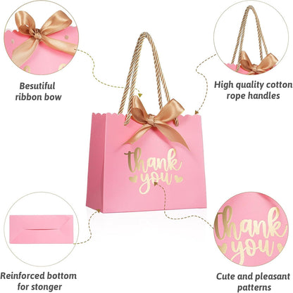 50 Pack Small Thank You Gift Bags with Handles, Pink Mini Party Favor Bags 5.5''x 2.5''x4.7'', Mini Gift Bags Bulk with Bow Ribbon for Valentine's Day, Bridal, Wedding, Baby Shower